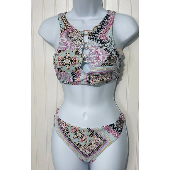 Nanette Lepore Hannah High Neck Marrakesh Megerie Bikini Set Swim Pink Size 8 - Picture 3 of 16